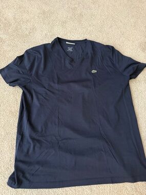 Lacoste Men's Navy V-Neck Tee with Green Crocodile Logo